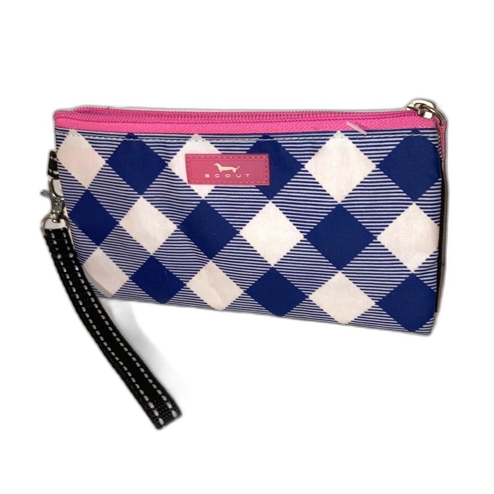 SCOUT Clutch Wristlet Zip Bag Blue and Pink Gingham Checkered 8 x 4.5 inches